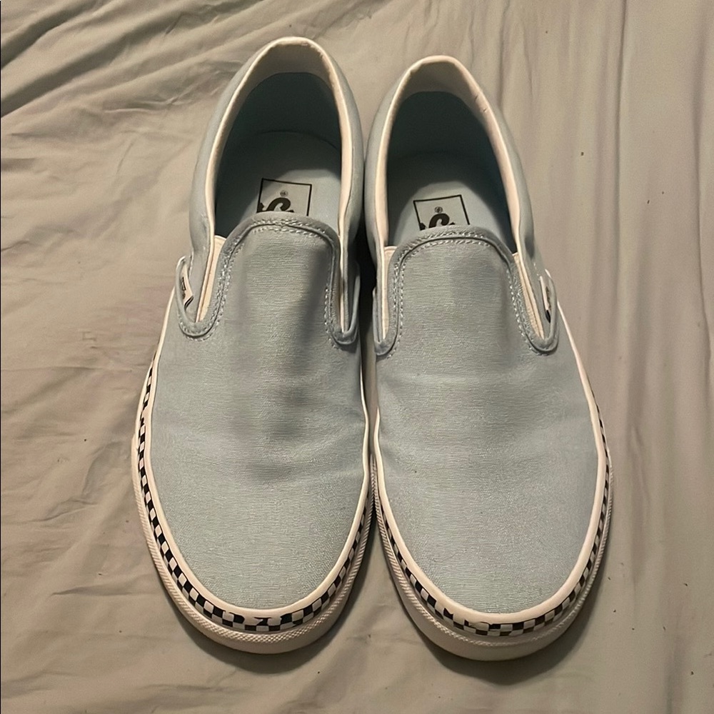 Blue with Black and White Checkered Slip-On Vans, Men’s 8, Women’s 9.5